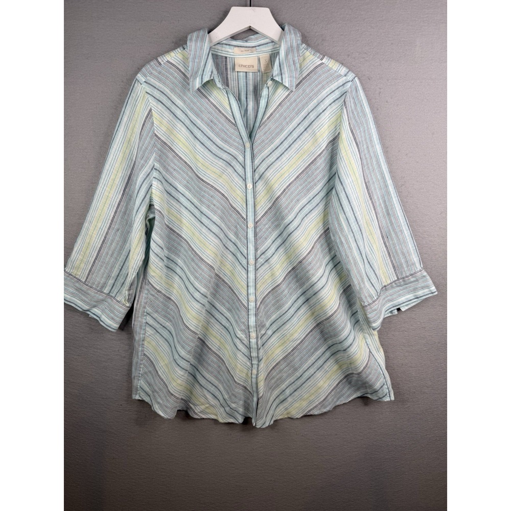 Chicos No Iron Linen Button Down Shirt Size 3 XL Striped Coastal Beach Nautical